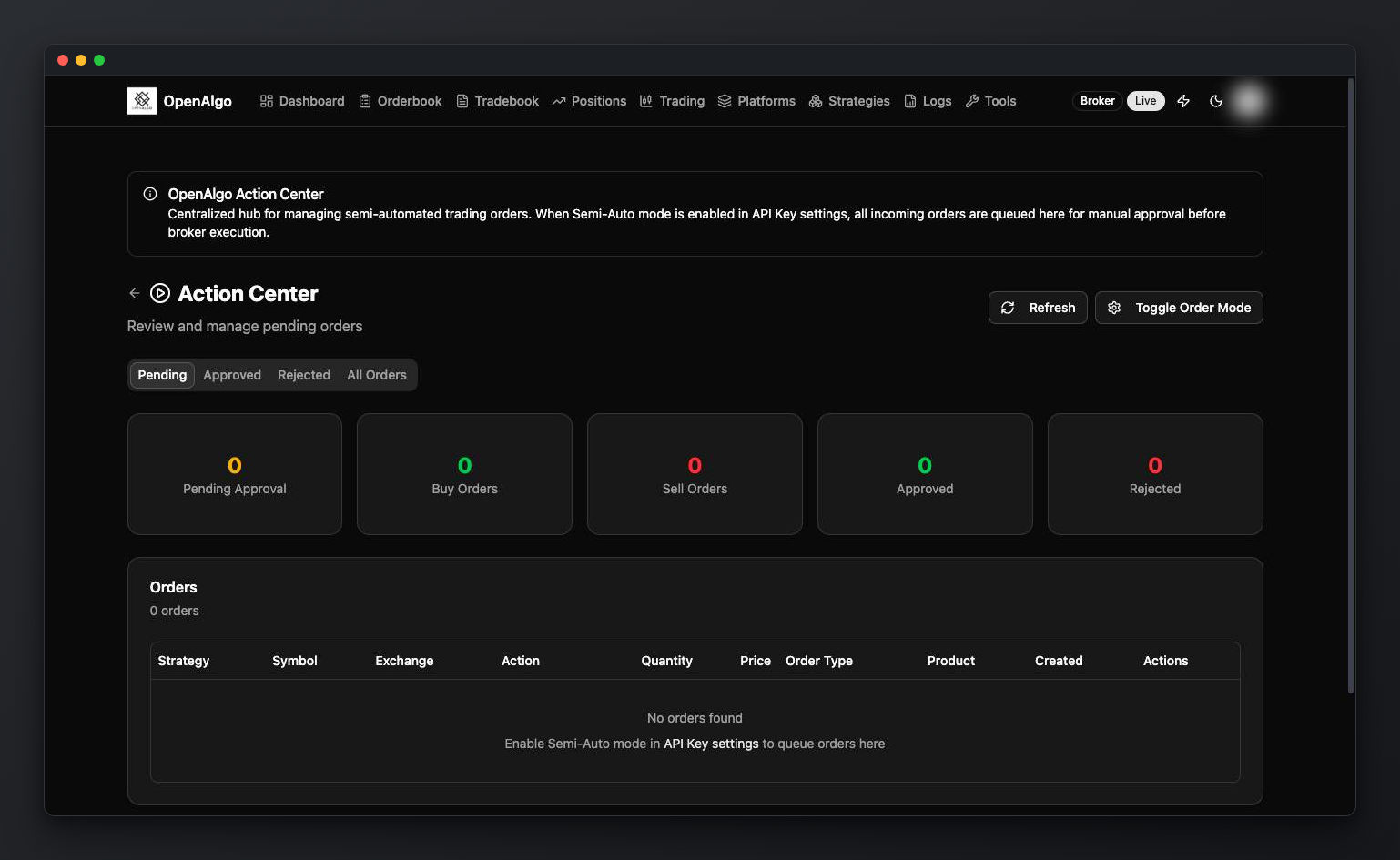 Action Center with Pending, Approved and Rejected tabs