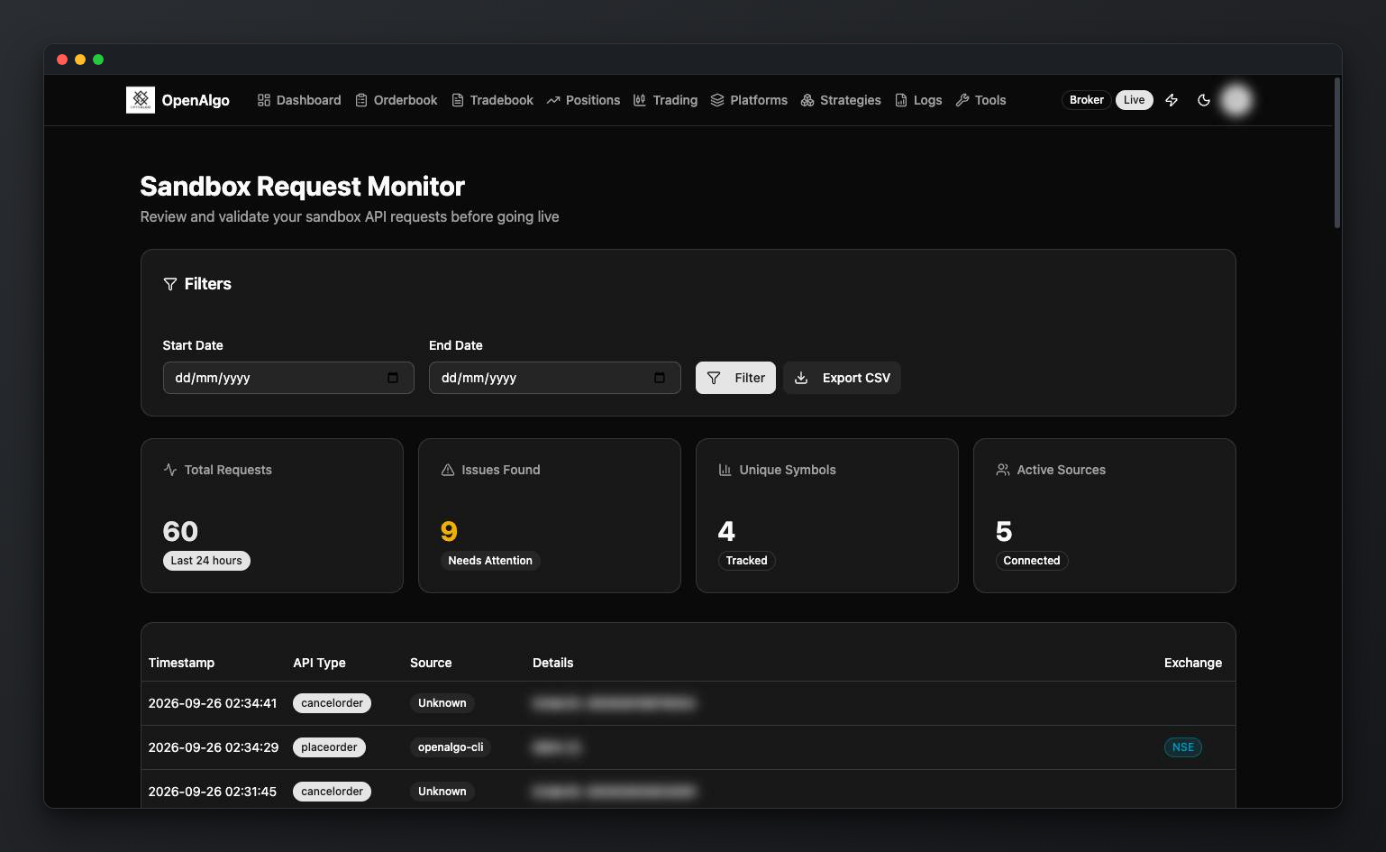 Sandbox request monitor with request log