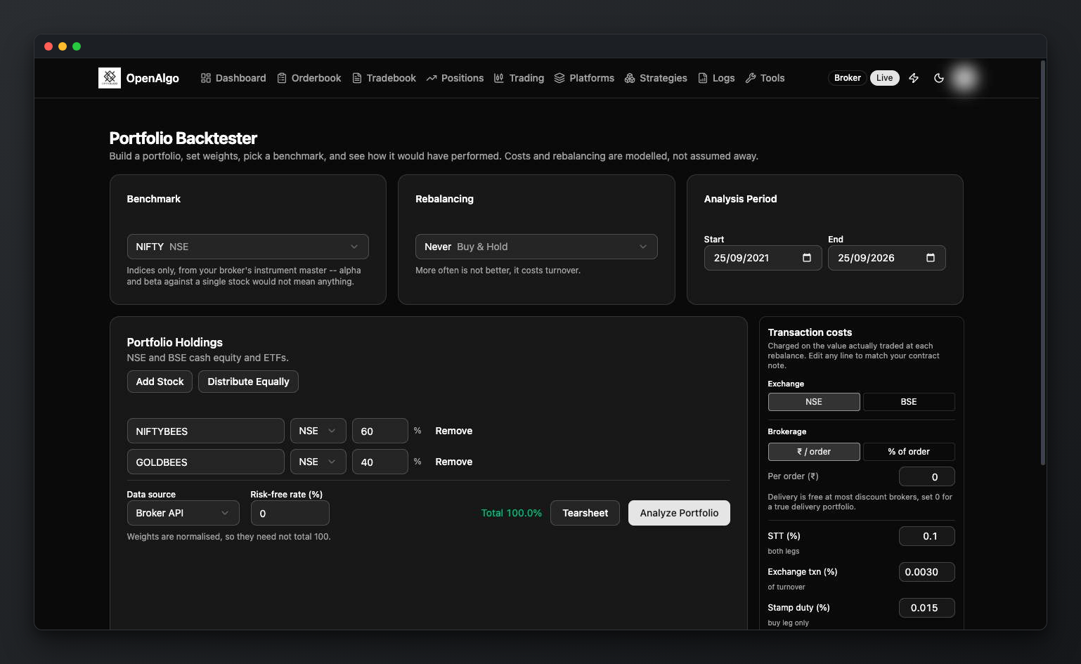 Portfolio backtester input form