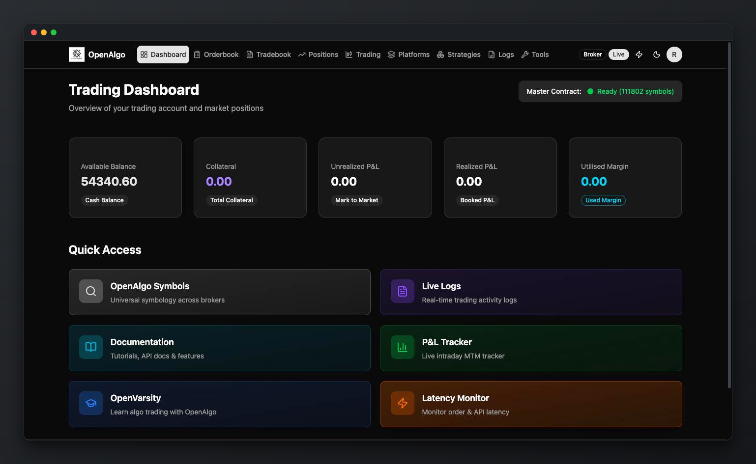 OpenAlgo dashboard with account summary cards