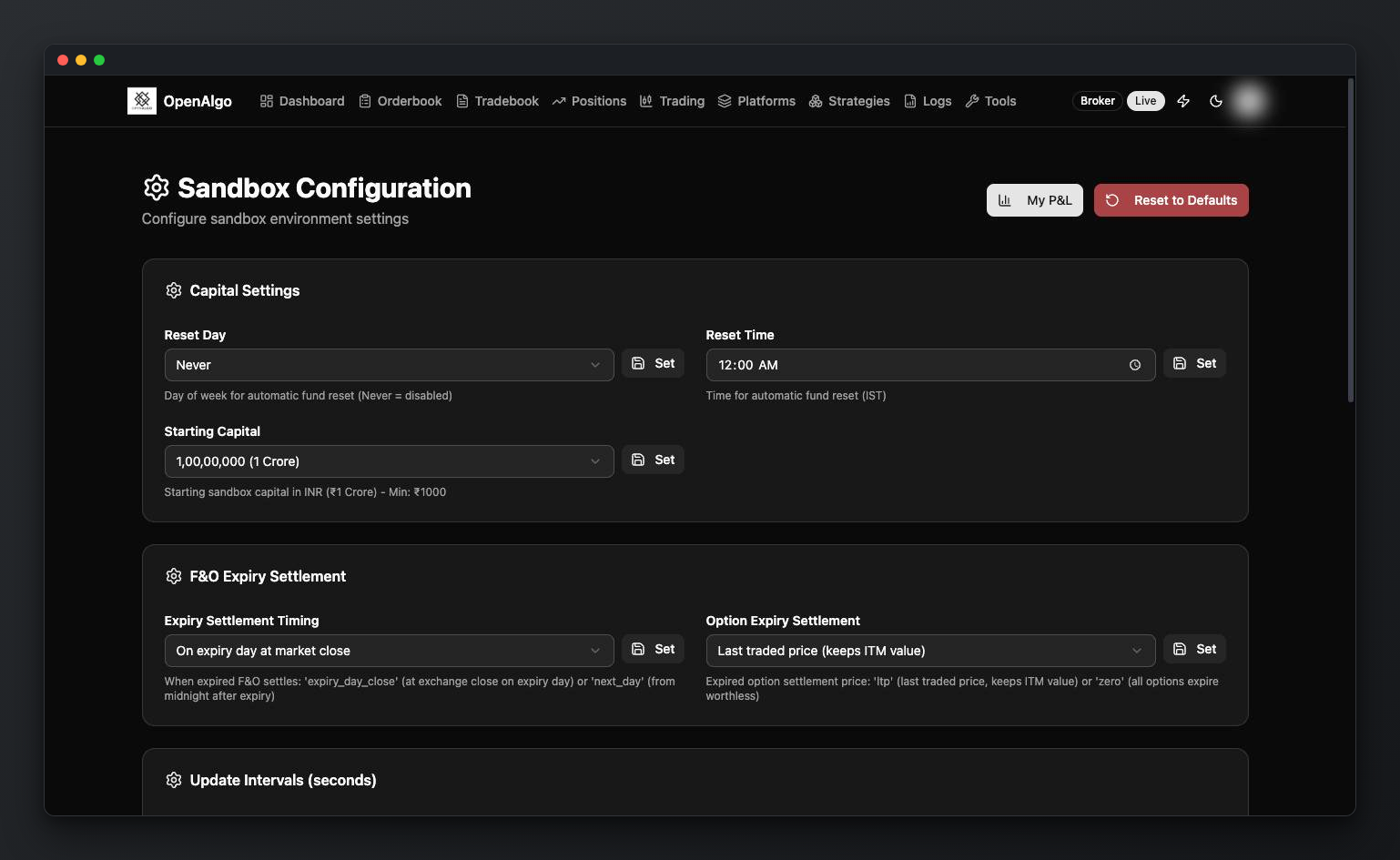 Sandbox configuration page