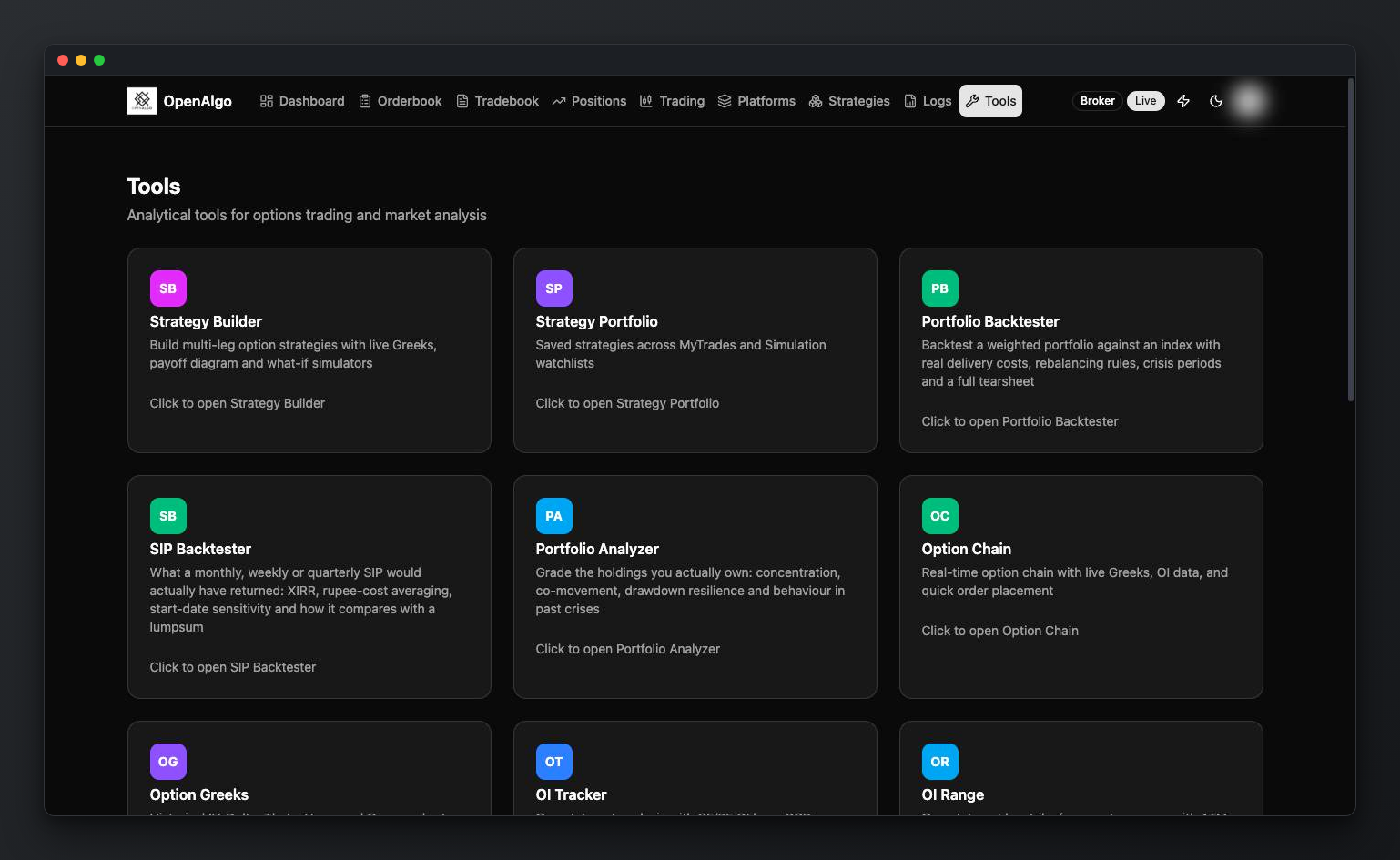 Tools page grid of options and analytics tools